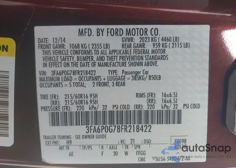 2015 Ford Fusion S z USA, uszkodzony, nr VIN 3FA6P0G78FR218422